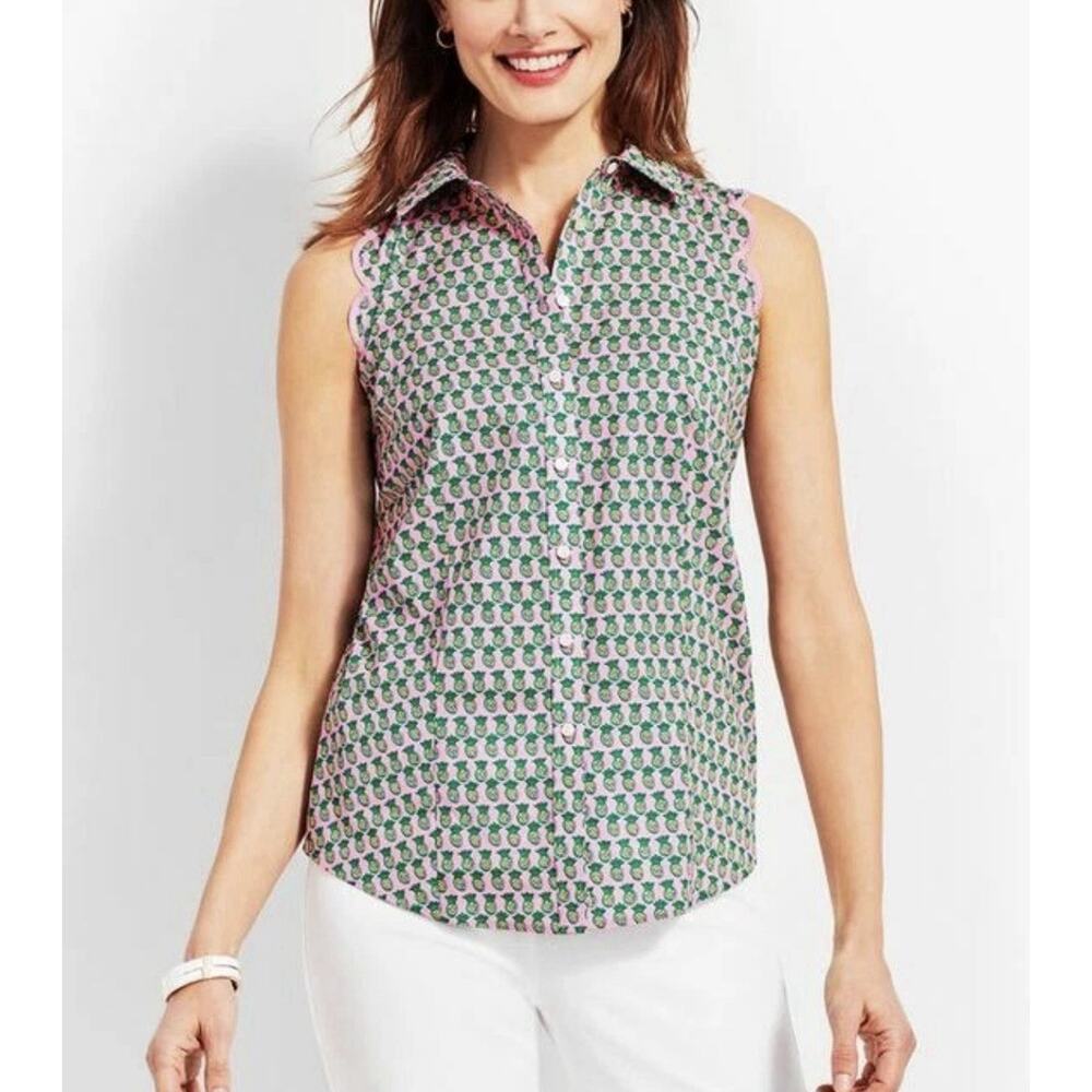 TALBOTS NWOT Pineapple Sleeveless Top Womens 10 Petite Pink Green No Iron